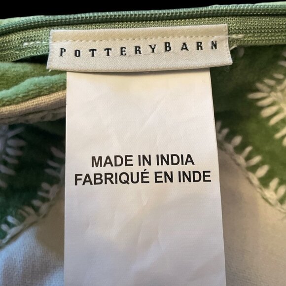 Pottery Barn Decorative Pillow Cover Green & White Cotton/Velvet With Embroidery - Picture 4 of 6